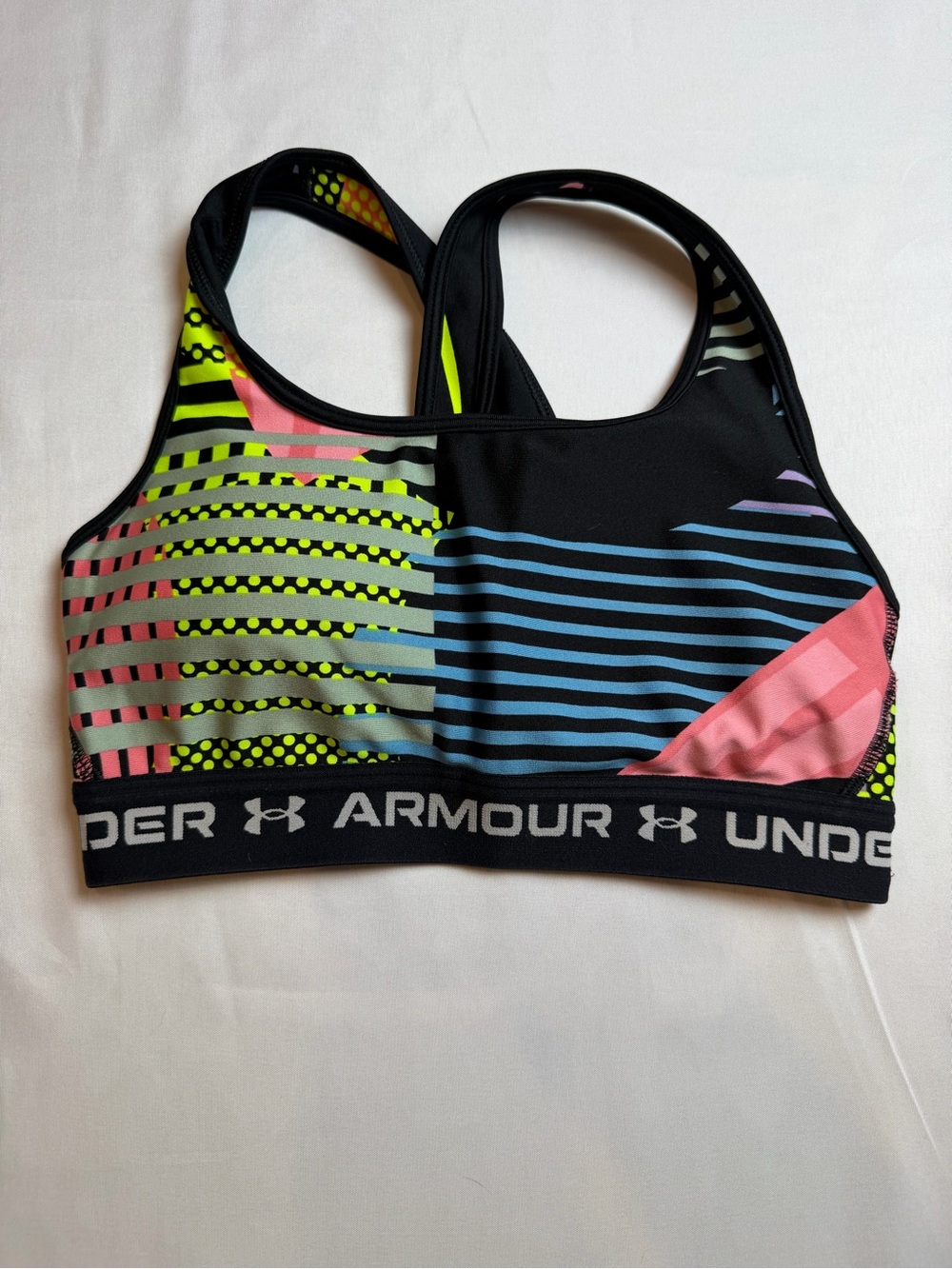 Under Armour Black Compression Sports Bra with Neon Yellow, Light Blue & Pink
